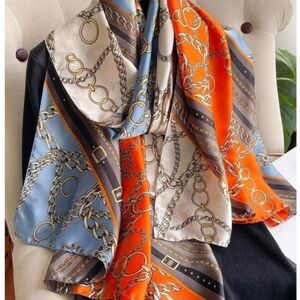Vibrant Orange and Blue Silk Scarf with Ornamental Motifs